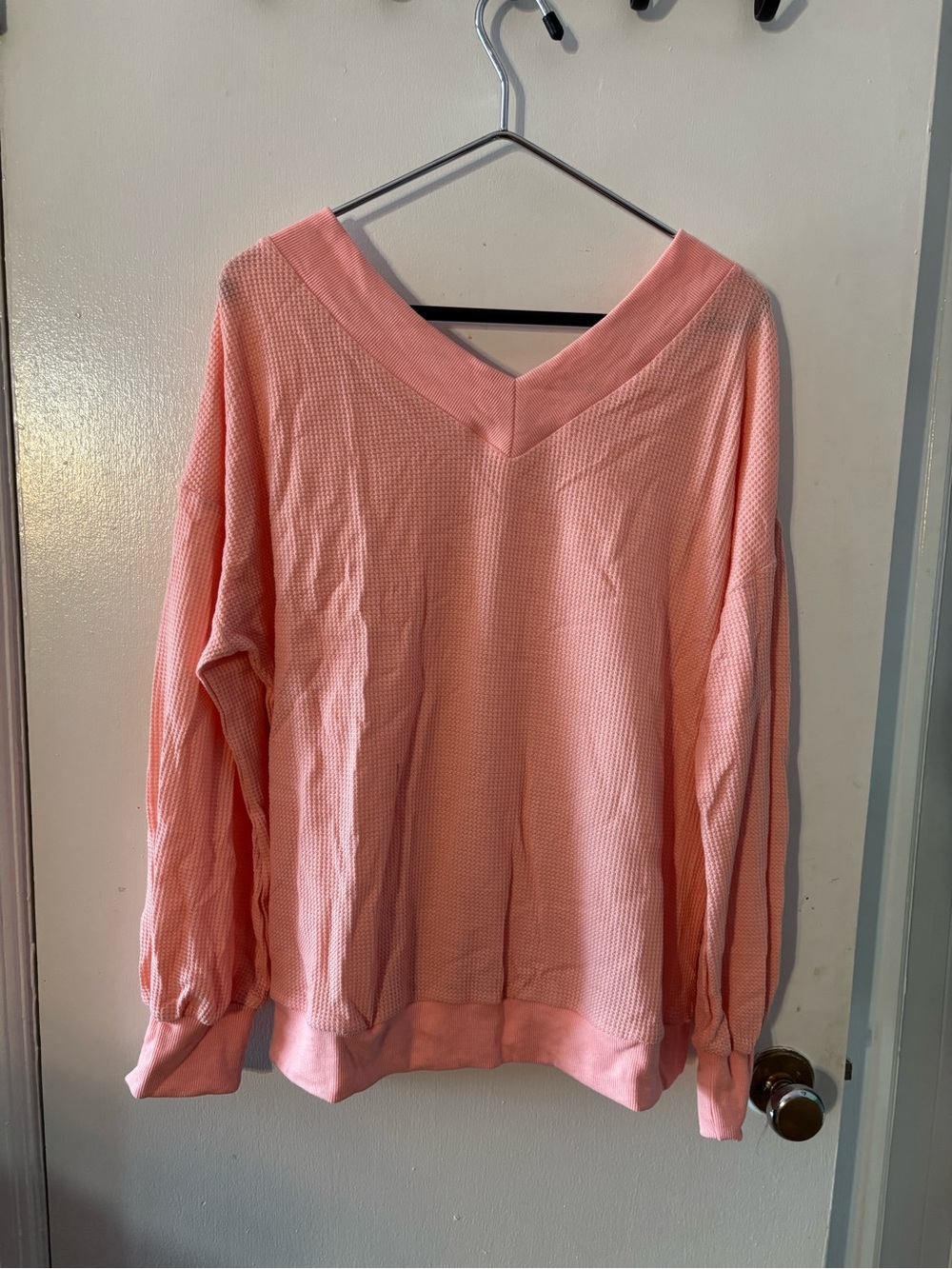 Women's V-Neck Waffle Knit Pullover - Pink